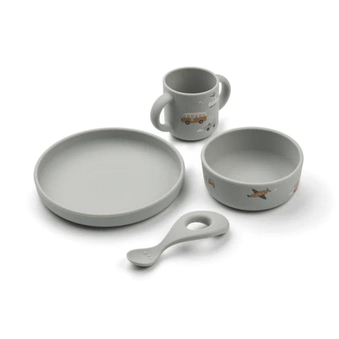Liewood Vivi Printed Tableware Set - Vehicles/dove blue mix - Atelier Yvette