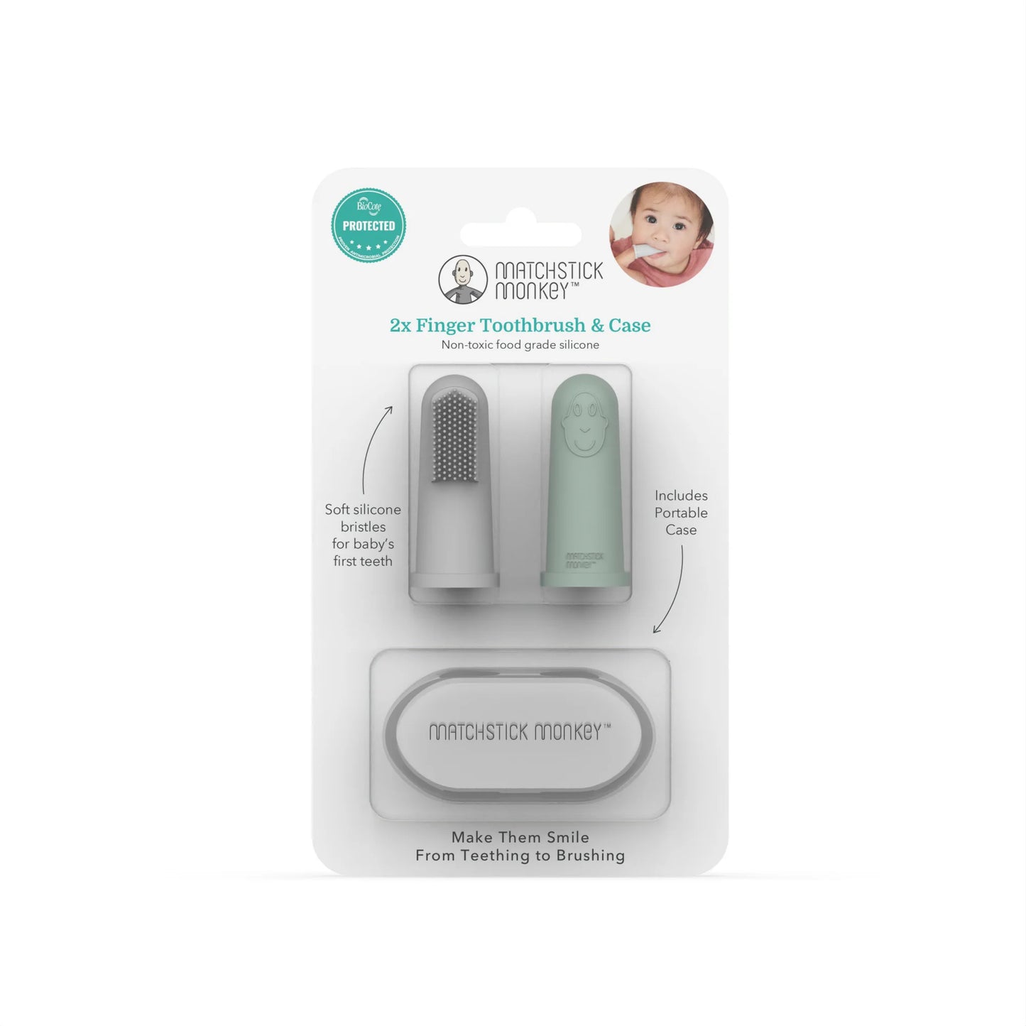 Grey and Mint Green Finger Toothbrush with carry case