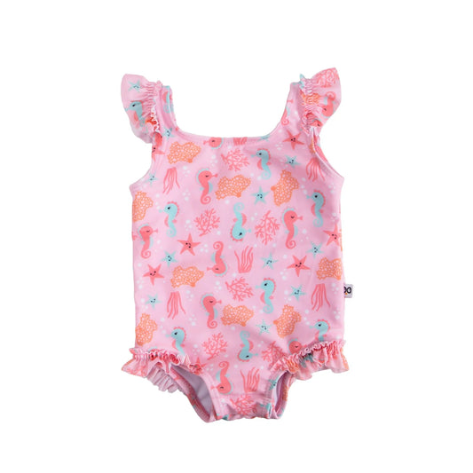 Ruffled One Piece Swimsuit - UPF 50+ - Seahorse