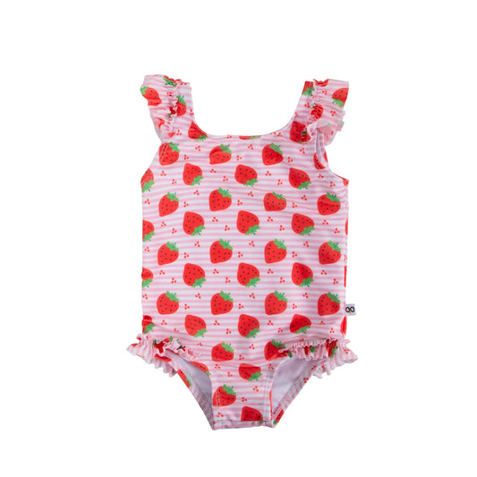 Ruffled One Piece Swimsuit - UPF 50+ - Strawberry