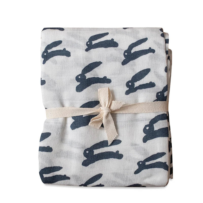 Fine Little Day Organic Rabbit Muslin Blanket in Soft White & Night Blue