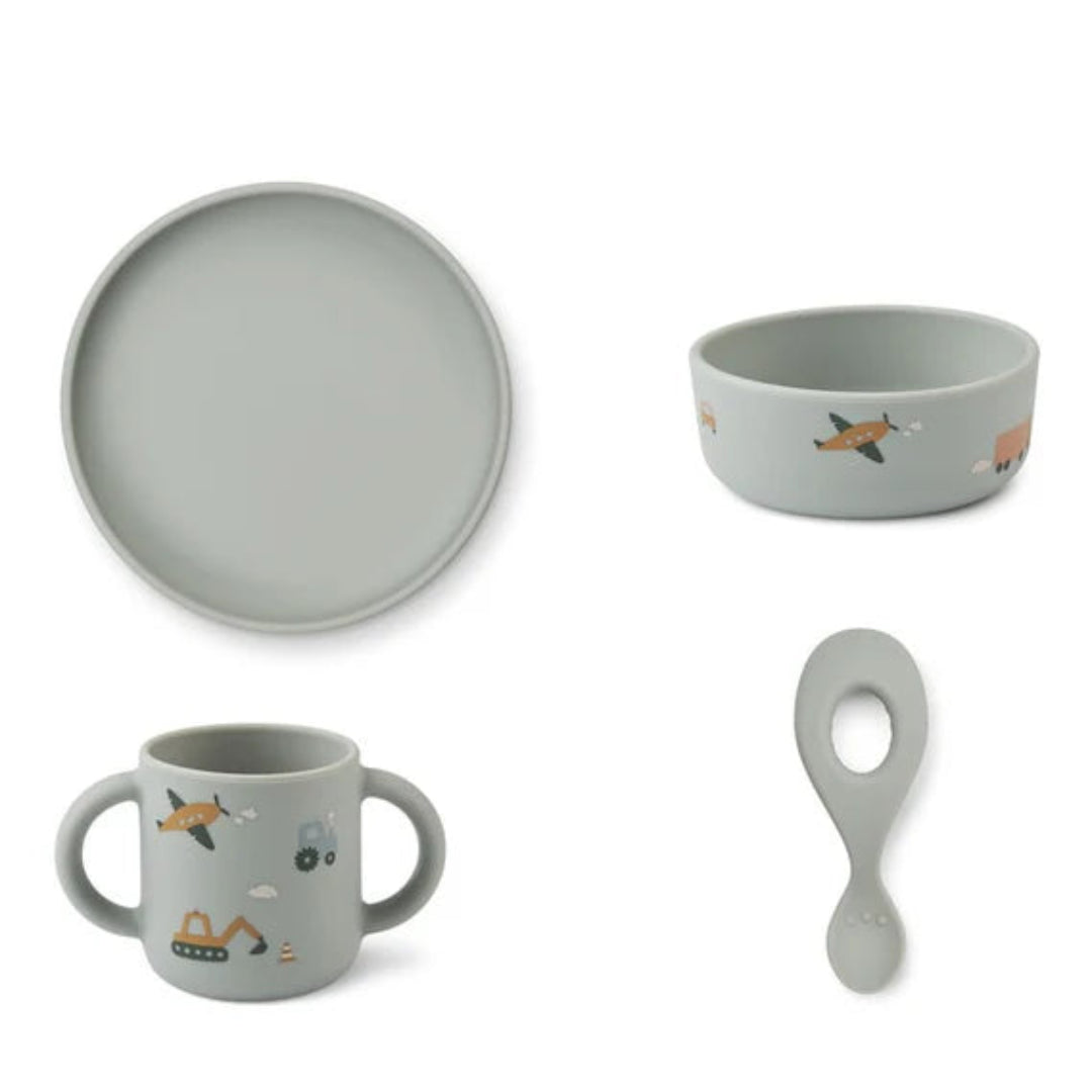 Liewood  Vivi Printed Tableware Set - Vehicles/dove blue mix -  Atelier Yvette
