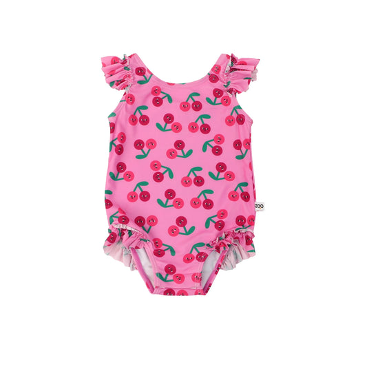 Ruffled One Piece Swimsuit - UPF 50+ - Cherry