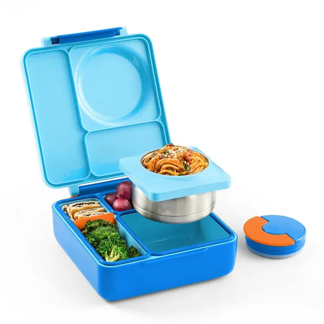 OmieBox - 2nd Gen 3 Compartments Kids Bento Box with Insulated Thermos-Blue