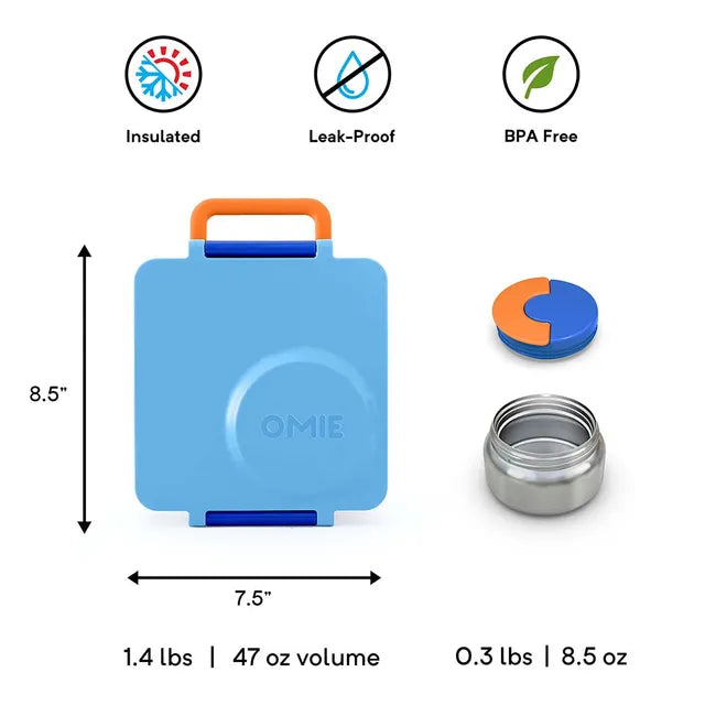 OmieBox - 2nd Gen 3 Compartments Kids Bento Box with Insulated Thermos-Blue